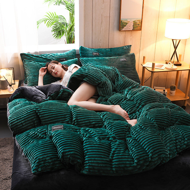 Sleeping girl on Green Cozy Bedding set 