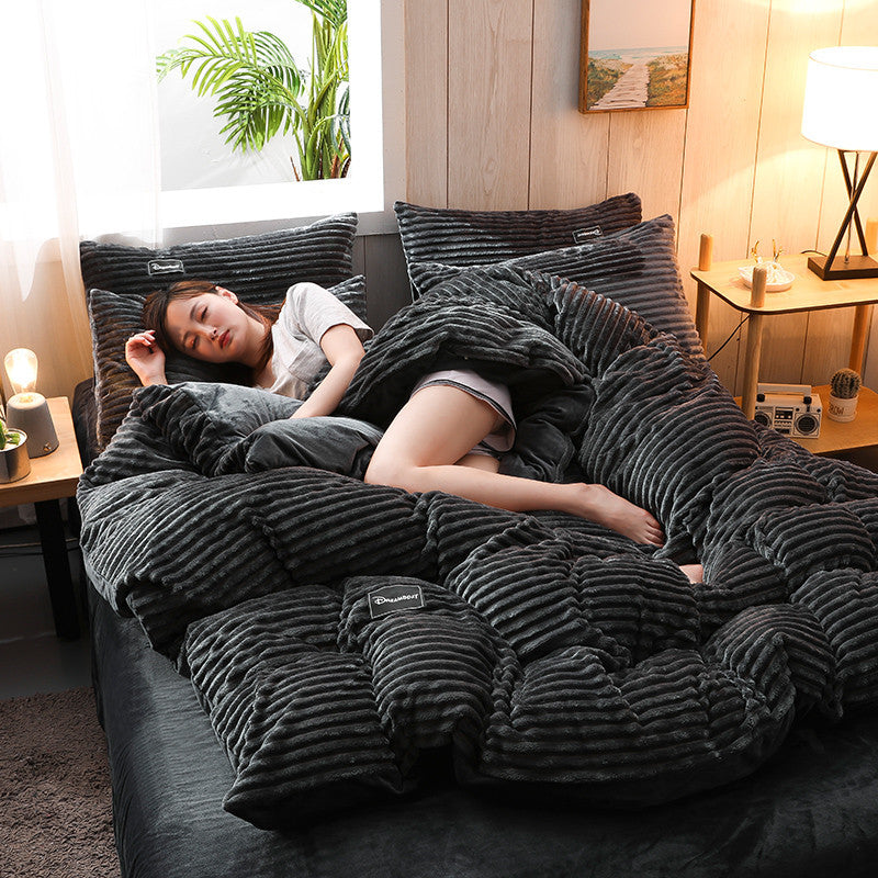 Sleeping girl on Black Cozy Bedding set 