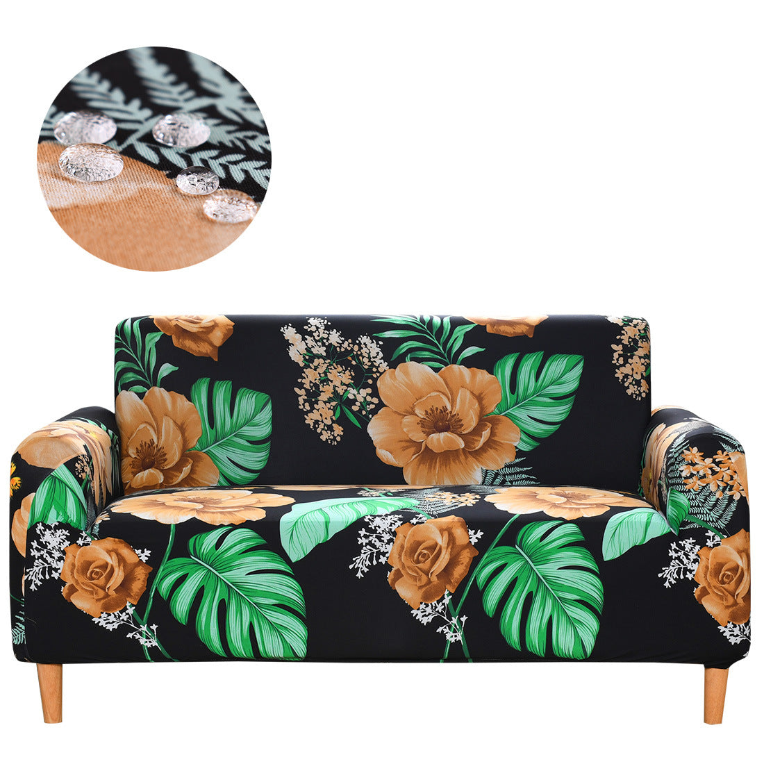 Orang flowers with big green leafes in black background HomeStyle sofa cover