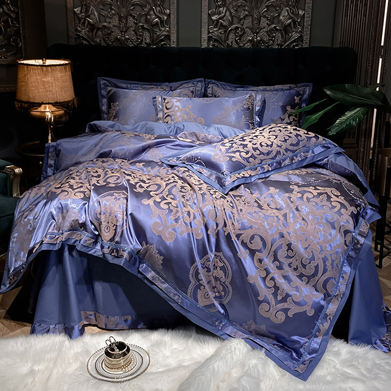 Deep sea blue silky satin with beige printed designs HomeStyle duvet cover set