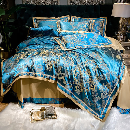 Sky blue silky satin with printed beige designs and edges HomeStyle duvet cover set